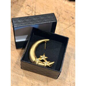 Gold-Tone Crescent Moon & Star Pin Brooch With Rhinestone Accents In Gift Box